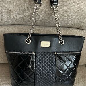 NINE WEST Black Quilted Large Tote Purse Bag 16"W X 11" Silver Hardware Pockets